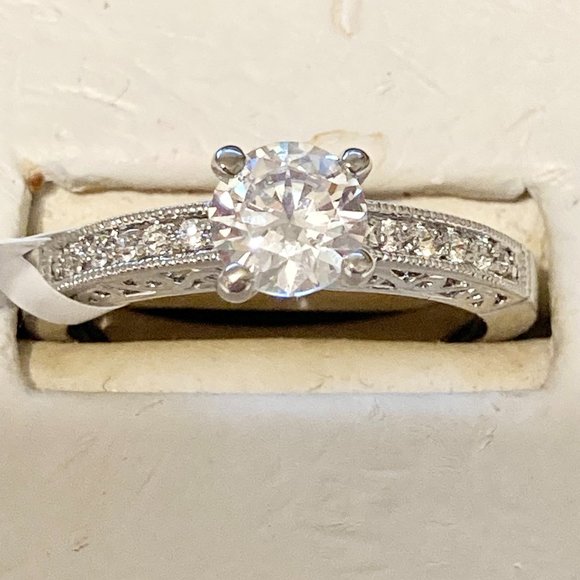 Silver Filigree Victorian Engagement Ring Size 9 10 Cubic Zirconia RhodiumPlated - Picture 1 of 10